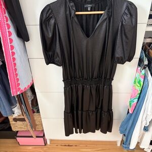 DREW Black Ruffled Tiered Mini Dress with Puff Sleeves